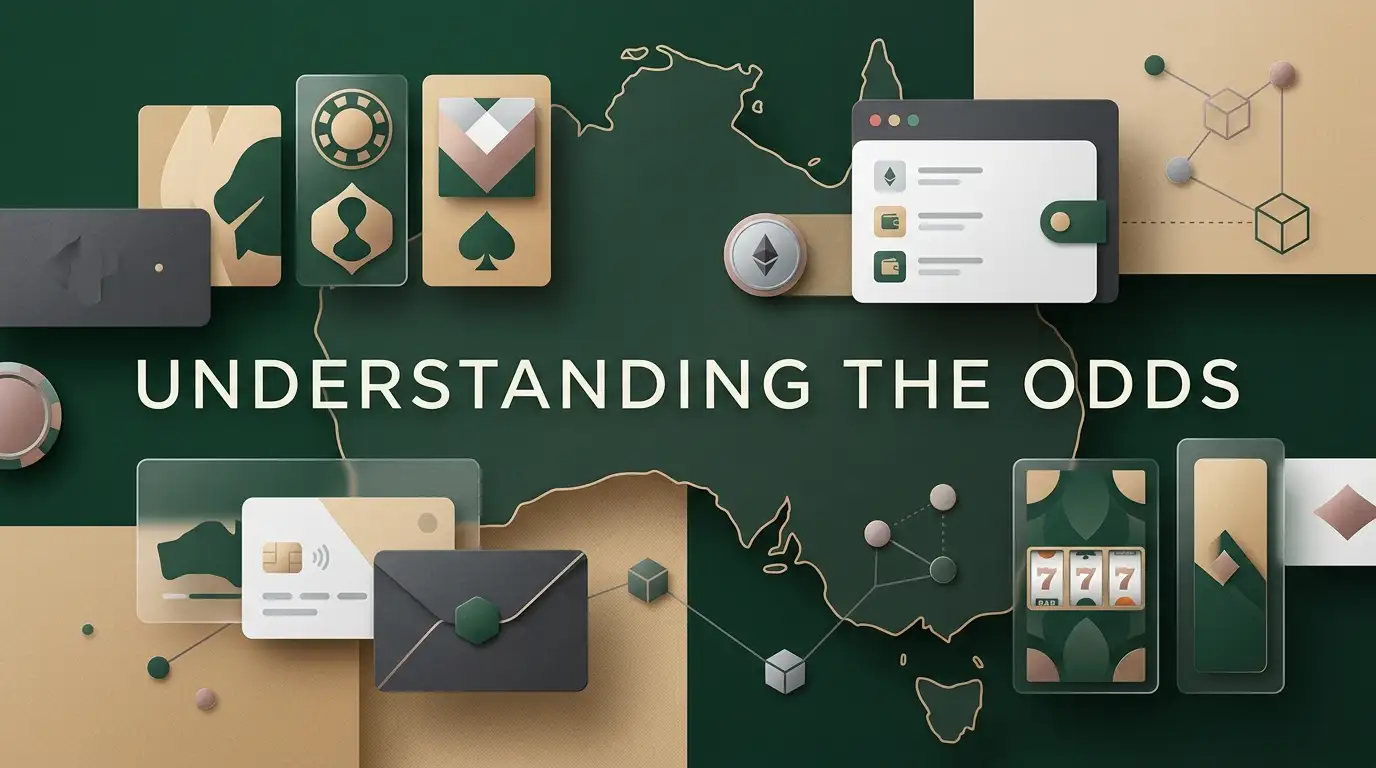 Abstract editorial illustration combining casino game tiles, a crypto wallet motif and an Australian geographic cue