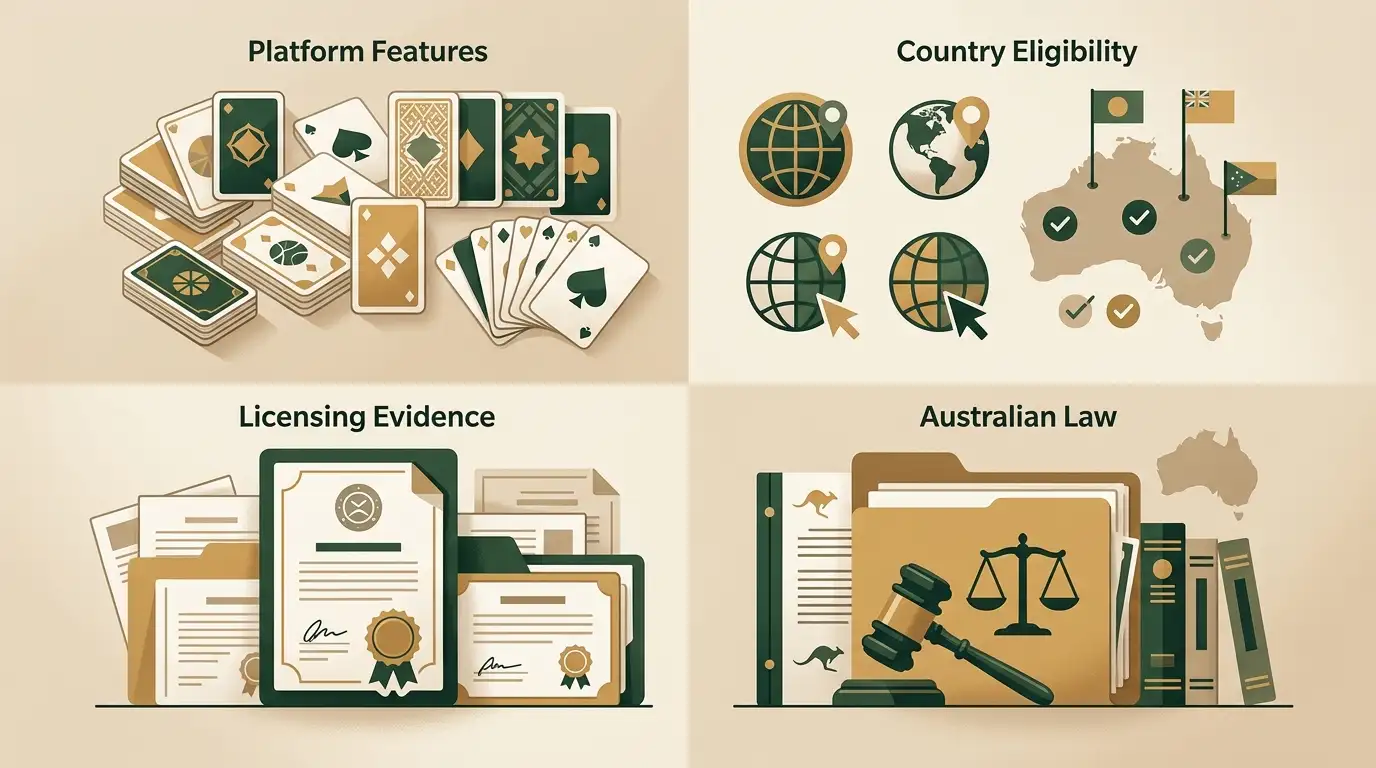 Analytical illustration separating platform features, Australian eligibility, licensing and Australian law into four evidence buckets