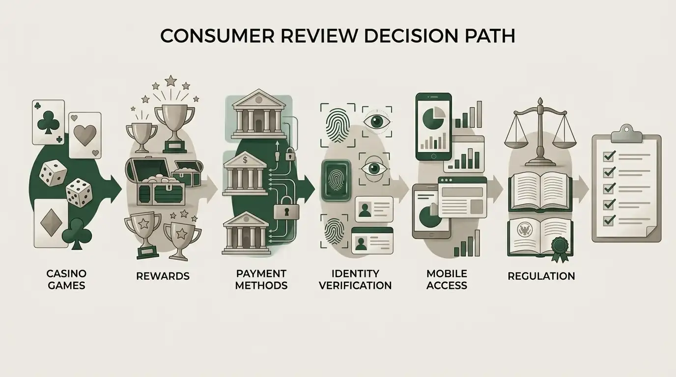 Decision path linking games, rewards, payments, identity checks, mobile access and regulation