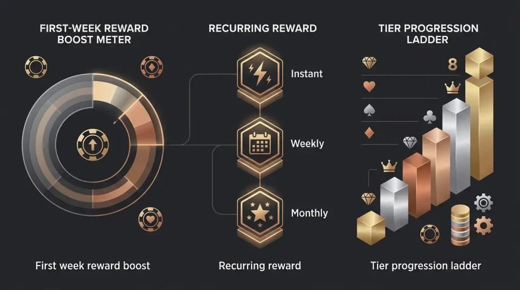 Conceptual diagram showing a first-week reward boost, recurring reward periods and a tiered loyalty progression