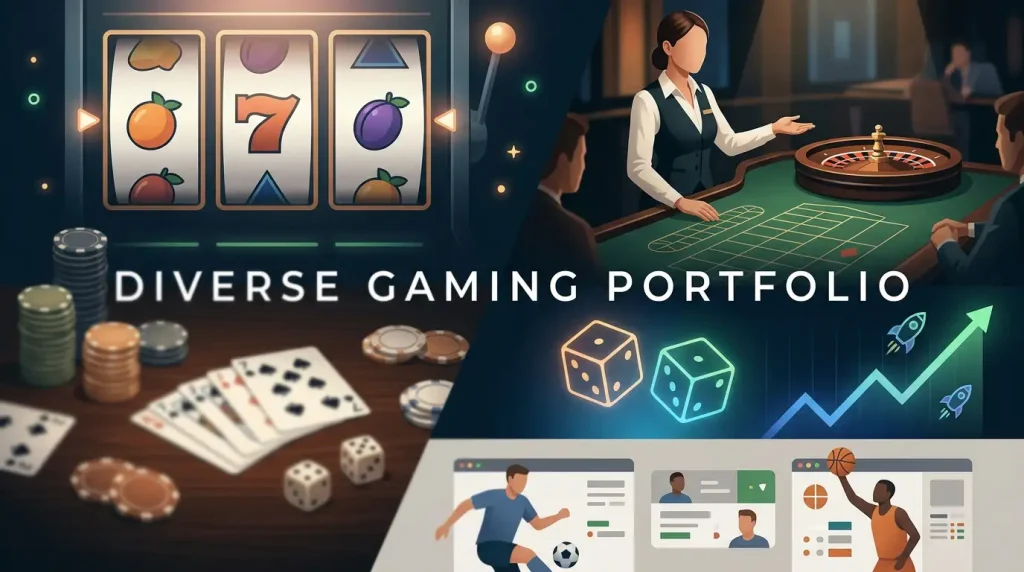 Editorial collage of generic slot reels, a live dealer table, classic table games, provably fair game concepts and sports markets