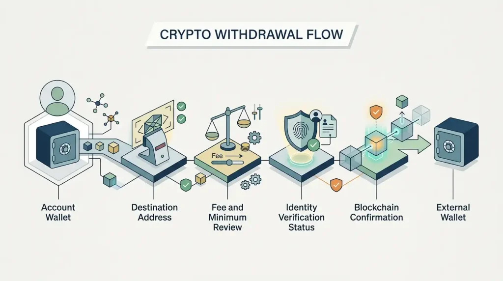 Editorial crypto withdrawal flow from account wallet through address, fee, KYC and network checkpoints to an external wallet