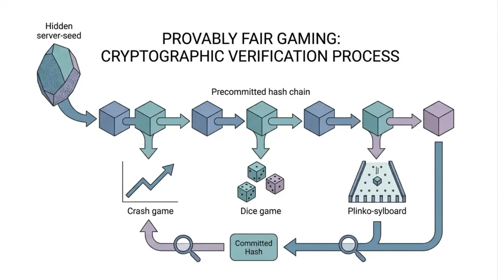 Editorial cryptographic verification diagram linking a hidden server seed, SHA256 hash chain and generic game outcome symbols