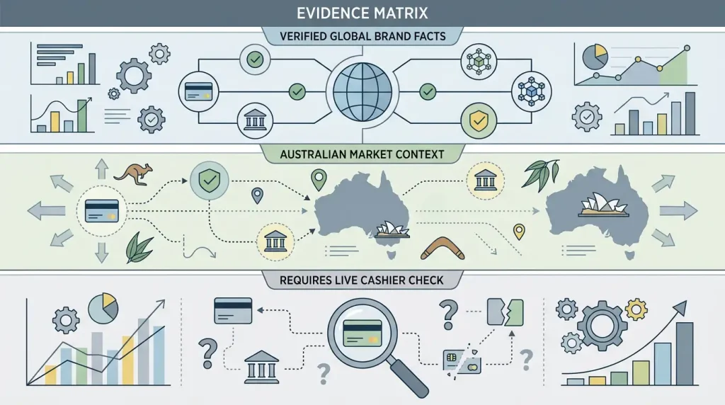 Editorial evidence matrix separating verified global payment facts, Australian market context and items requiring a live Gamdom cashier check