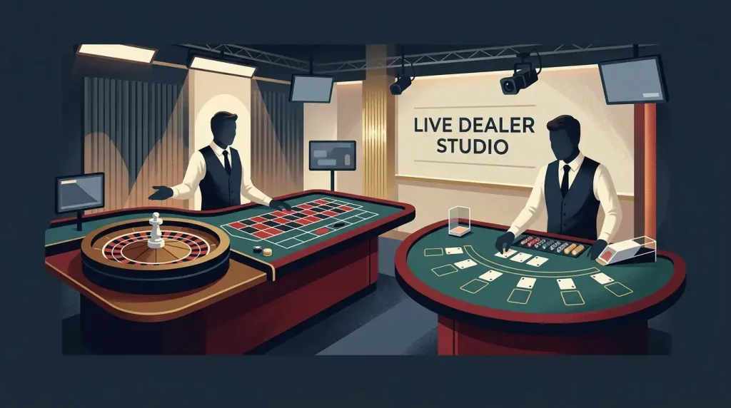 Editorial illustration of a generic live casino studio with roulette and blackjack tables and no brand logos