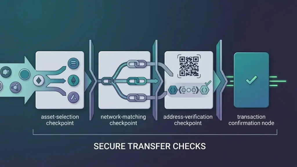 Editorial multi-asset crypto wallet diagram with network matching, address verification and transaction checkpoints