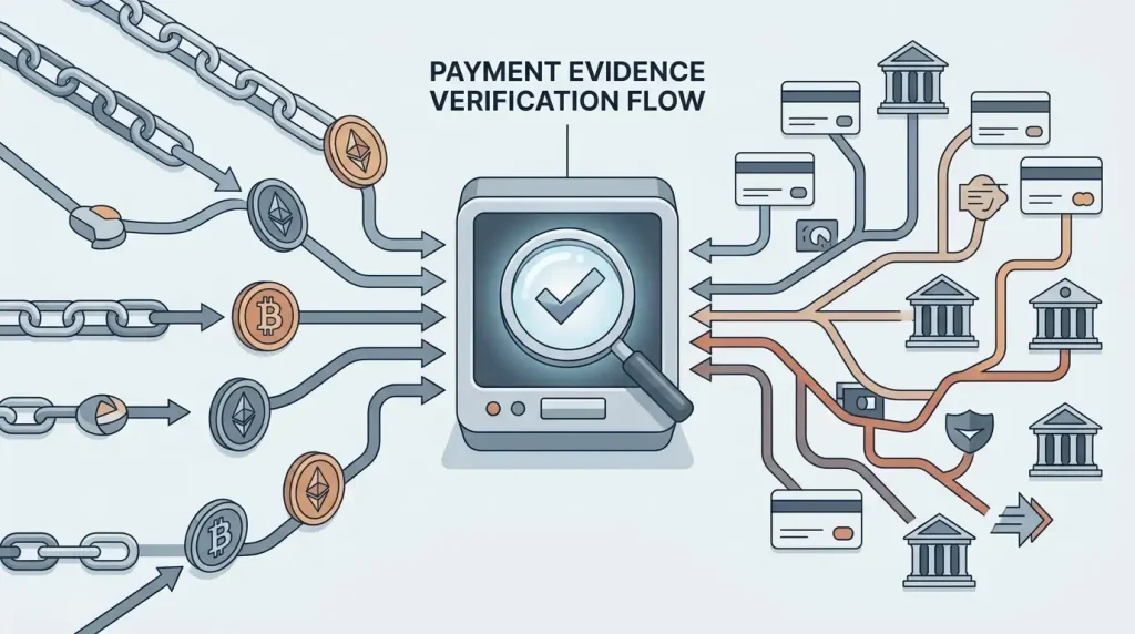 Editorial payment-flow diagram with verified crypto rails and a separate country-dependent methods branch ending in a verification checkpoint