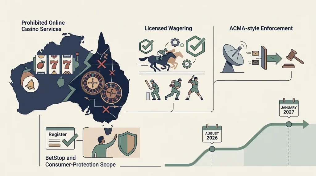 Neutral illustration of Australian online gambling regulation showing online casino prohibition, licensed wagering, ACMA enforcement, BetStop scope and 2026 reform timing