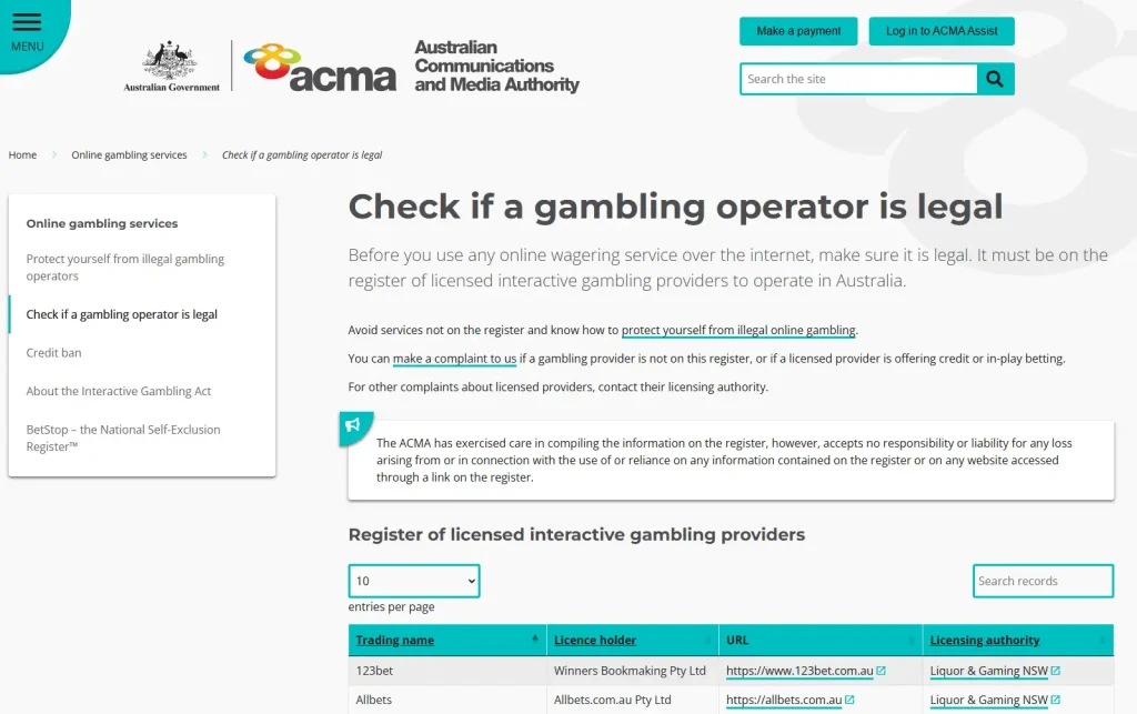 Real screenshot target of the ACMA licensed interactive gambling provider register used to check for Gamdom and Moon Revolution Limitada