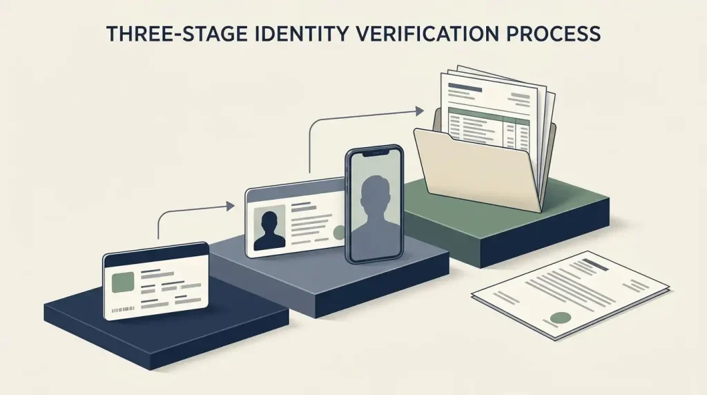 Three-level identity verification diagram showing personal details, government ID and selfie, proof of funds and a separate proof-of-address request